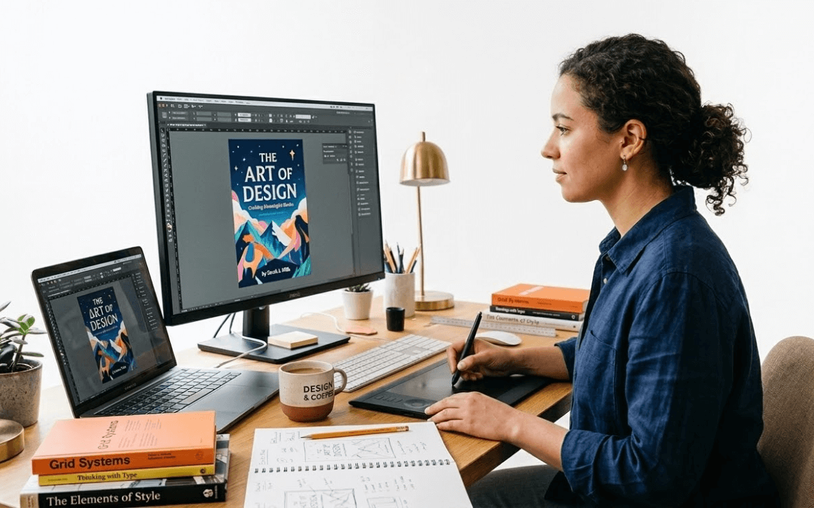 Award-winning book cover designs displayed on a creative workspace